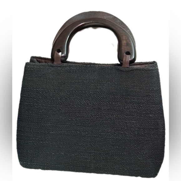 Vintage Black Woven Structured Handbag with Wooden Handles Minimalist Purse - Picture 1 of 3